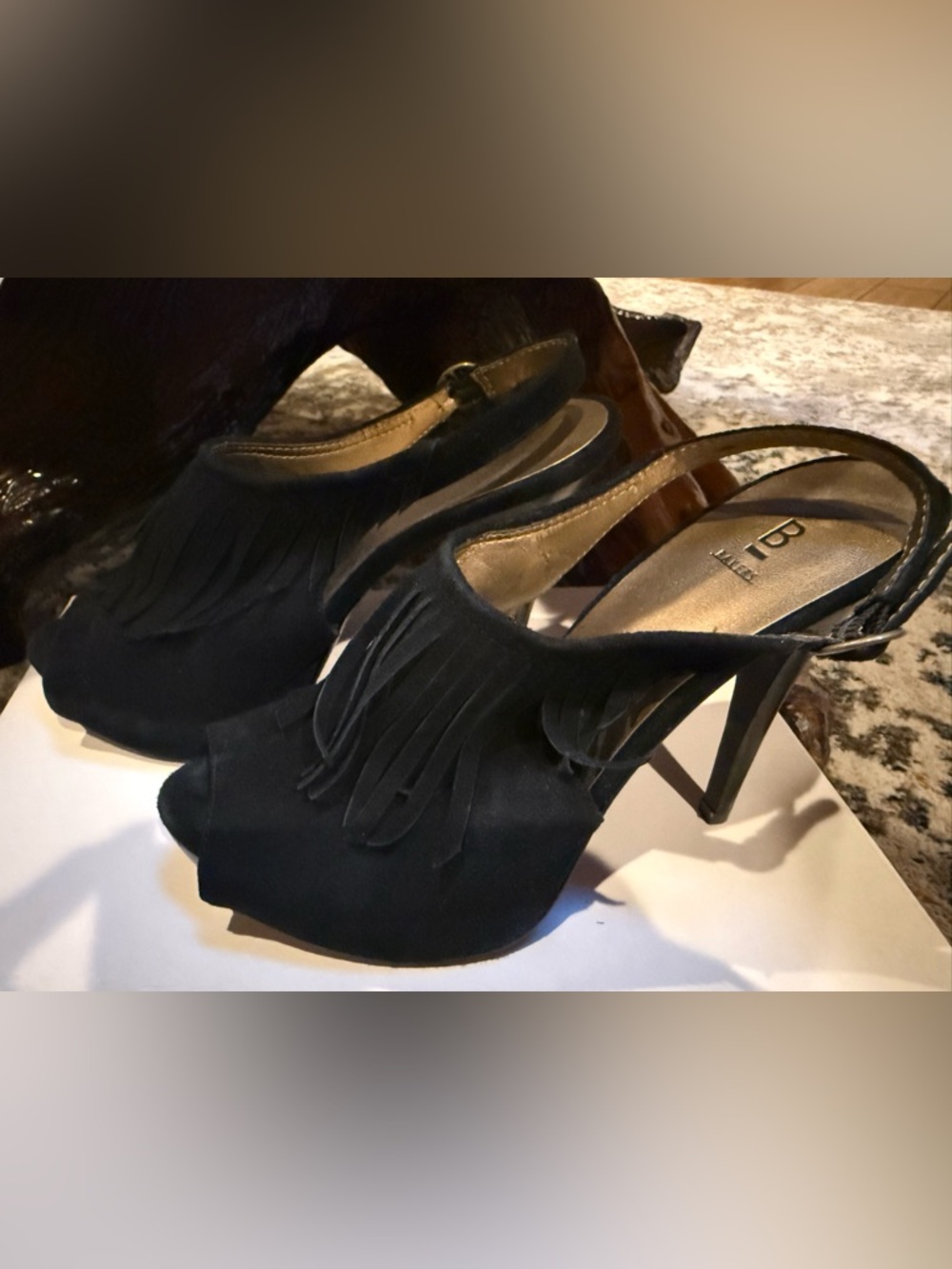 Black Suede Fringe Peep Toe Slingback Heels